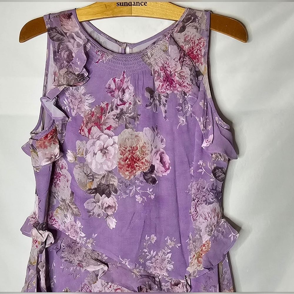 Sundance Faye Lilac Floral Midi Dress Size L Cottagecore Ruffle Asymetric Boho - Picture 6 of 14